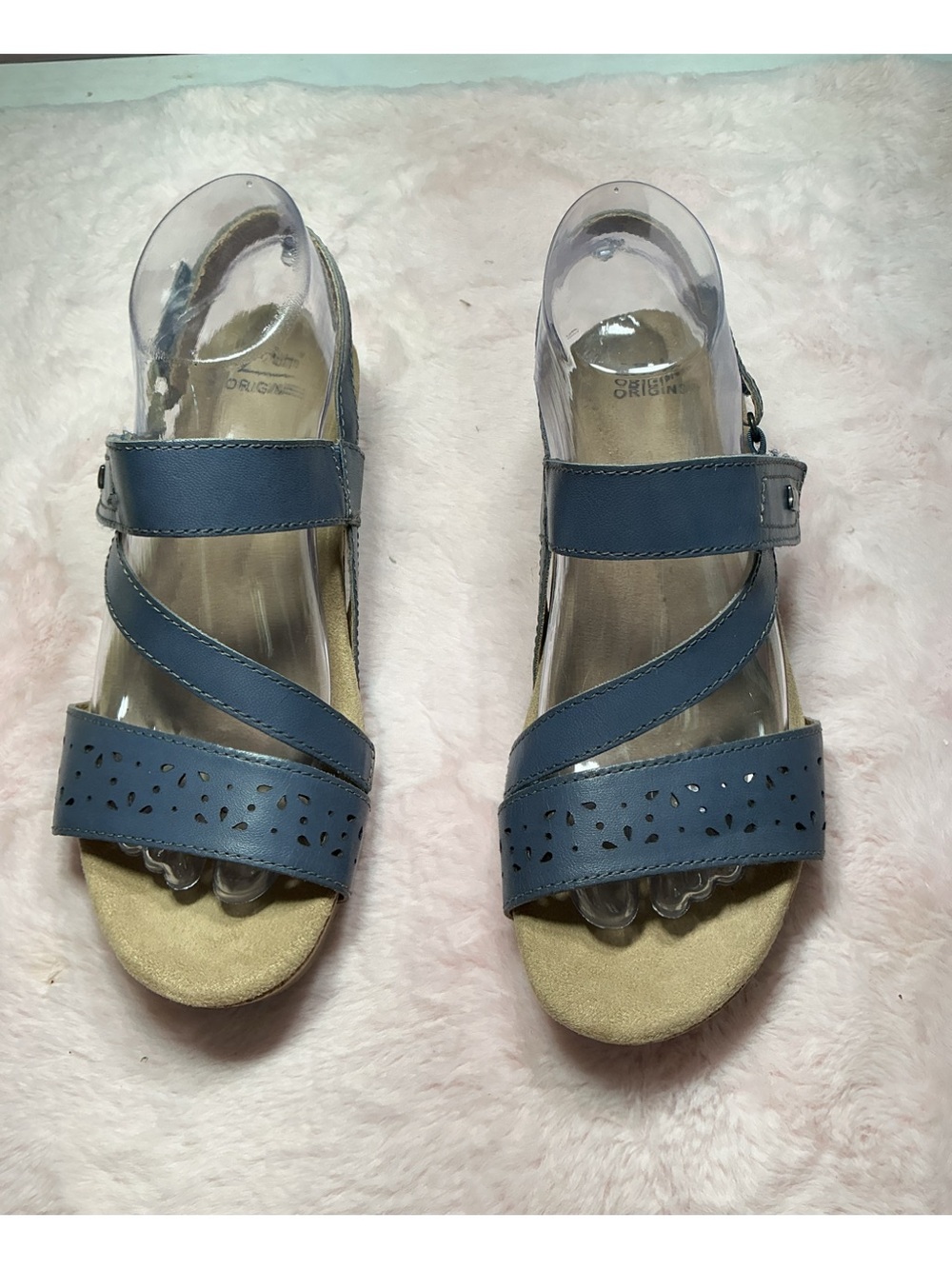 Earth Blue Leather Perforated Strap Sandals 139